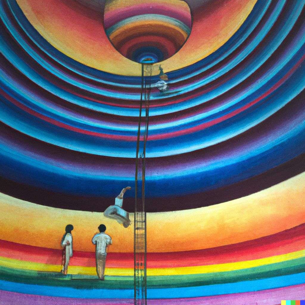 the discovery of gravity, painting by Okuda San Miguel